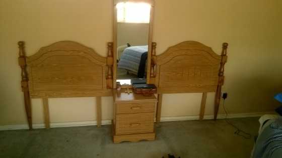 Two single headboard with nightstand and mirror