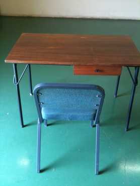 Very old strong solid table with draw and two chairs, ideal to use as study for student