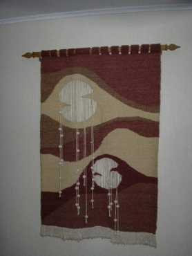 Wall tapestry hand woven in wool, 87cm x 142cm.