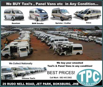 WE BUY your smashed Taxi039s and Panel Vans in any condition at TPC