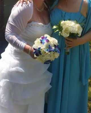 white wedding dress, boloro jacket and brides maid