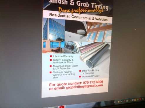 Window Tinting for all types of glass, doors, windows, etc. Various colours to choose from