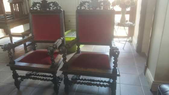 Wood and velvet hand carved bench and chairs set. Good condition.