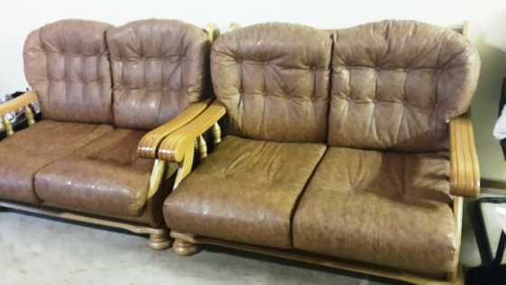 Wooden Leather Lounge set. neg