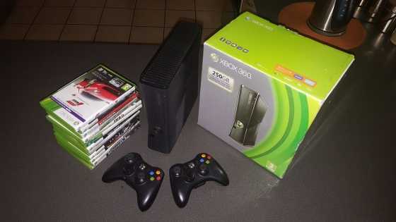 XBOX 360 console 250GB with 2 remotes and 10 games