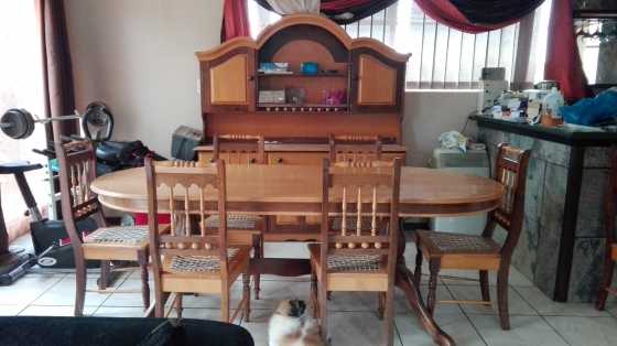 Yellow wood and Imbuia dining room suite . table , 6 chairs , large wall unit